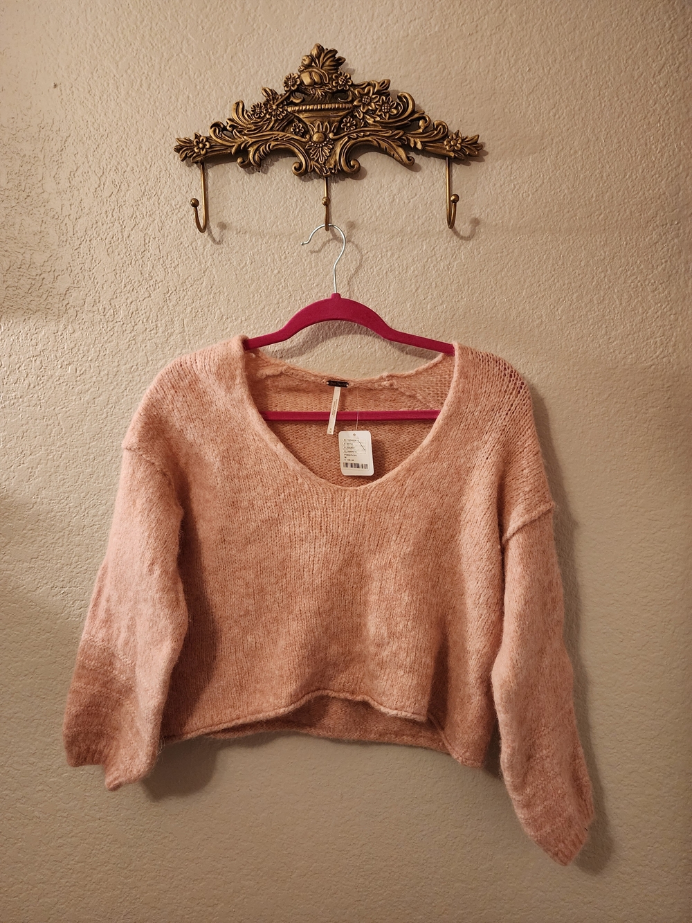 Free People Cuddle Up Alpaca Wool Blend V-Neck Cropped Pullover Sweater M Pink - Picture 5 of 8